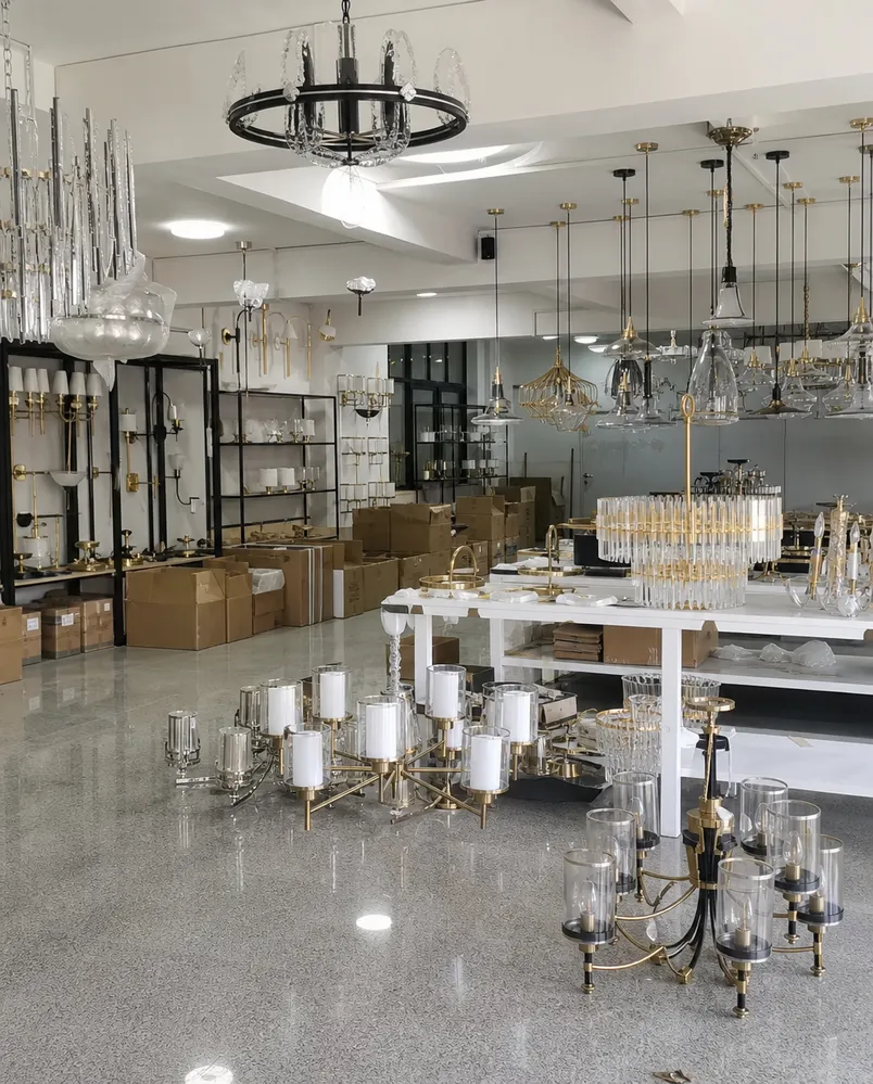 ASCLighting factory showroom displaying villa lighting fixtures ready for export