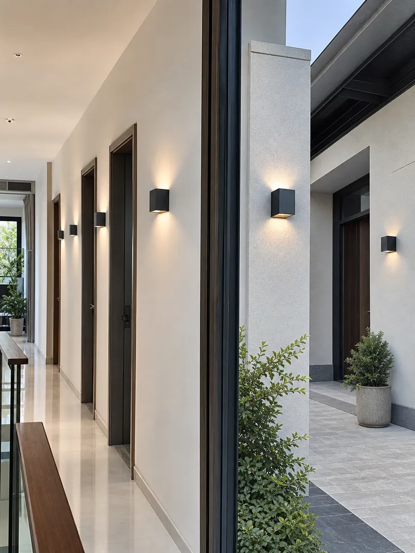 Villa wall sconces showing interior corridor and exterior facade configurations with IP65 weather-resistant finish