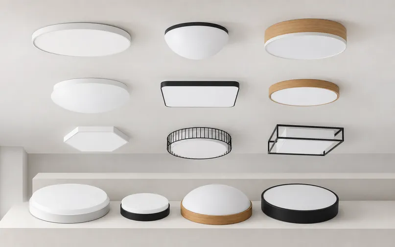 Decorative ceiling lighting product range — surface-mounted plates, dome profiles, and geometric frame designs