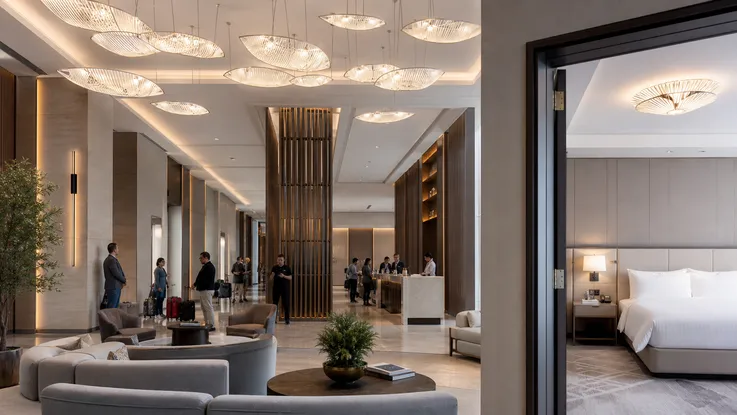 Decorative ceiling lighting in hotel lobby and guest room applications