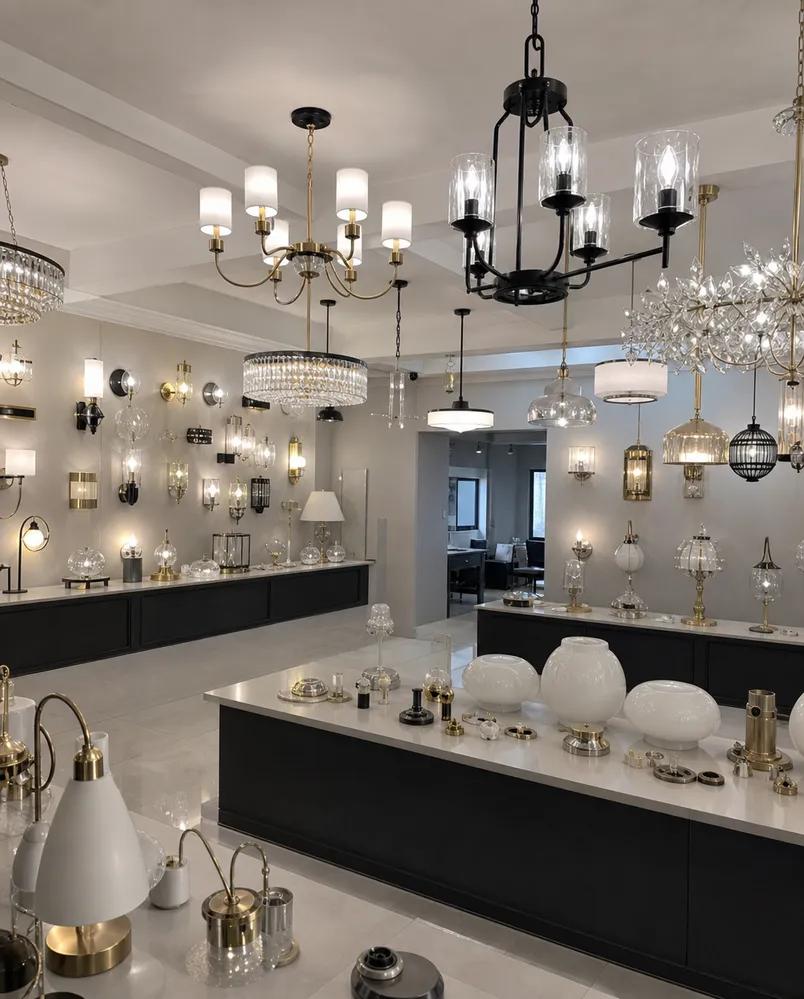 ASCLighting decorative ceiling lighting showroom display with multiple fixture styles