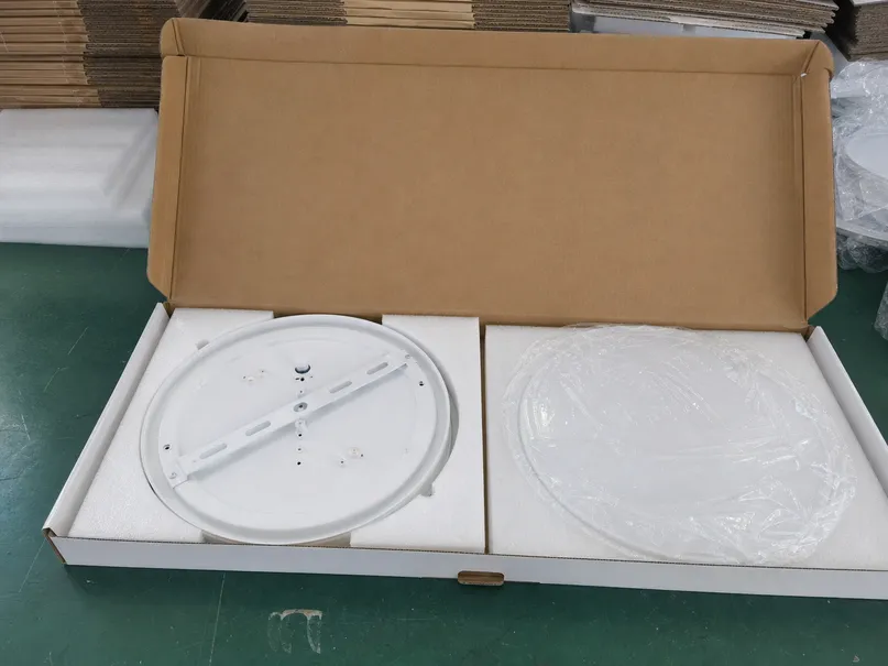 Flush mount ceiling light individually packed in foam-lined export carton with separated diffuser wrapping