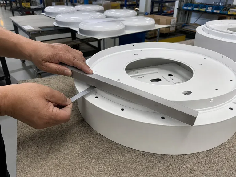 Mounting flange flatness inspection on flush mount ceiling lighting housing after powder coat cure