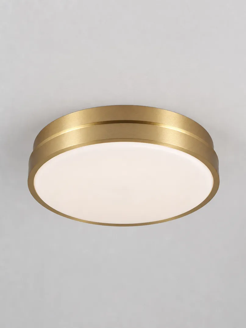 Flush mount ceiling lighting fixture — low-profile decorative LED luminaire with opal diffuser, brushed gold finish