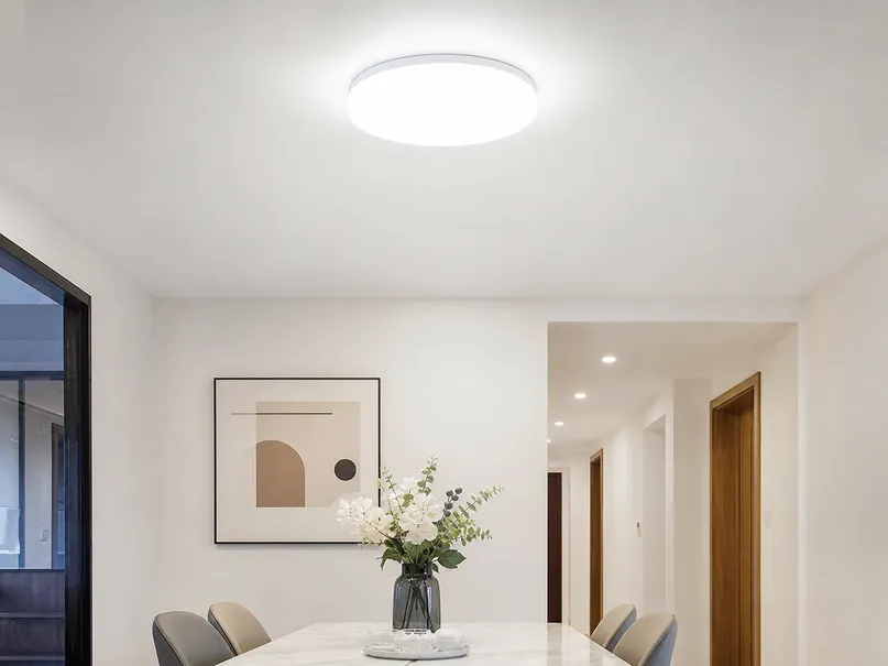 Flush mount ceiling lighting profile — fixture mounted directly against ceiling surface with less than 50mm gap