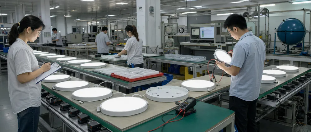 Quality control inspection line for flush mount ceiling lighting fixtures with aging test stations