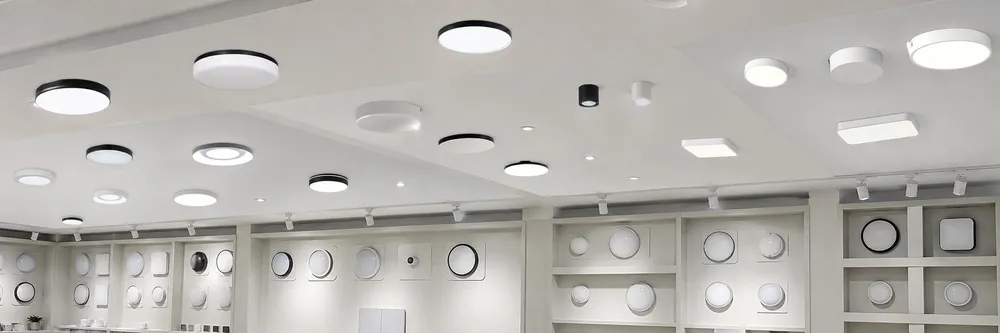 Range of ceiling fixture types including flush mount, semi-flush, recessed, and surface mount configurations for different market applications