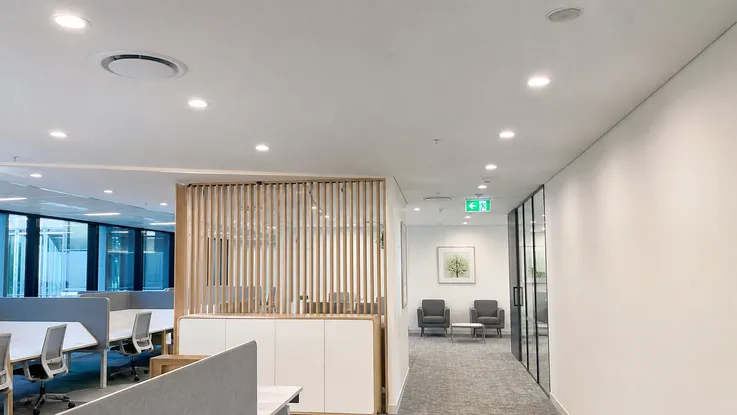 Recessed ceiling downlights installed in commercial office fit-out project