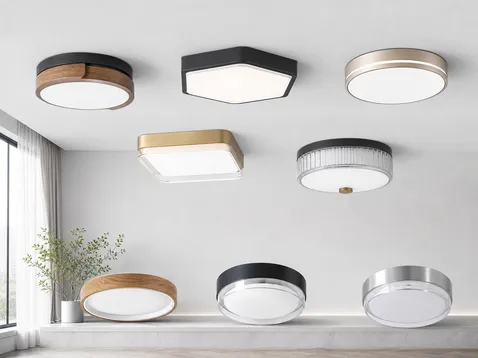 Decorative surface-mount ceiling fixtures with geometric forms and mixed materials