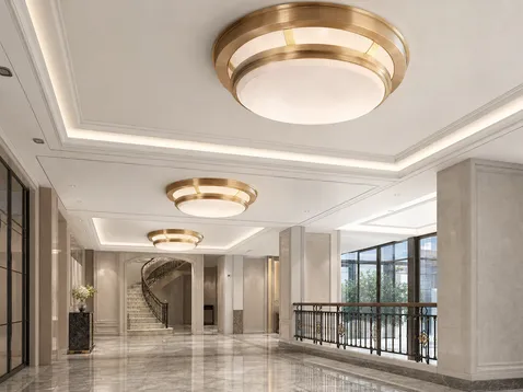Large-format luxury ceiling fixtures with PVD brushed gold finish for villa lobbies