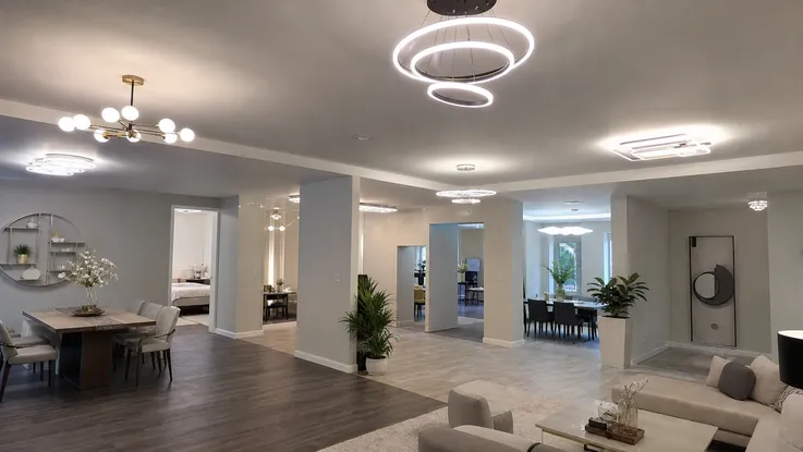 Modern and decorative ceiling fixtures in multi-unit residential development showroom