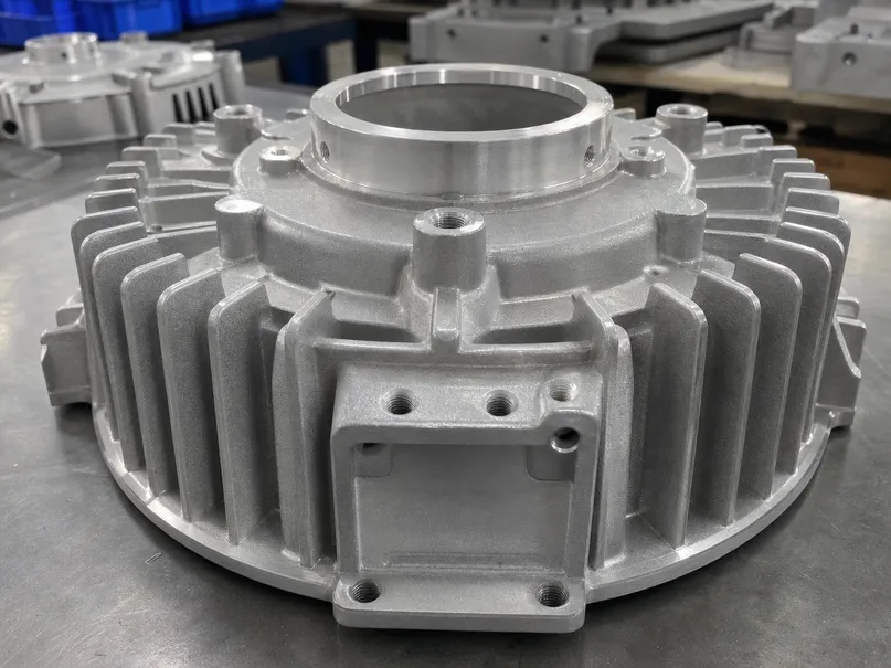 ADC12 die-cast aluminum housing for industrial ceiling lighting showing heat sink fin detail