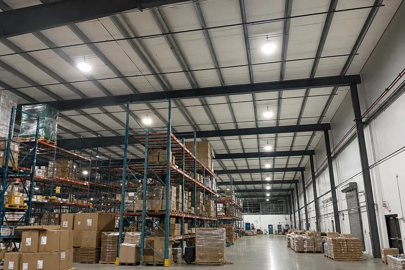 Industrial ceiling lighting fixtures in a commercial warehouse environment