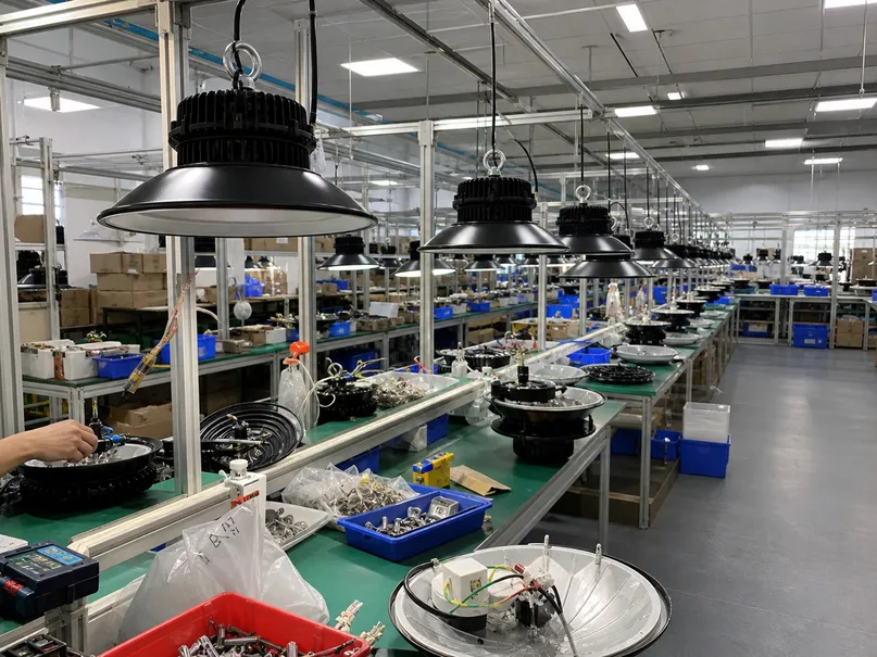 ASC Lighting factory floor with industrial ceiling luminaires in production
