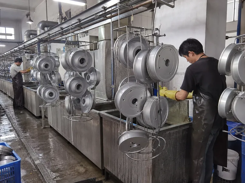 Chemical pre-treatment stage for die-cast aluminum ceiling fixture housing before finishing