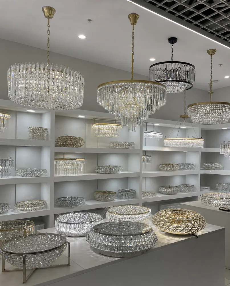 Luxury ceiling lighting fixtures displayed in ASCLighting factory showroom, ready for wholesale sampling