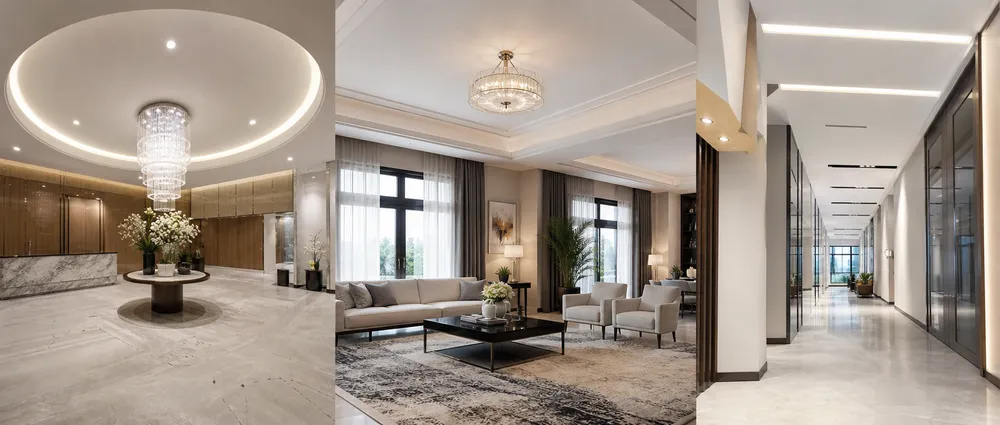 Luxury ceiling lighting fixtures installed across hospitality, residential, and commercial interior projects