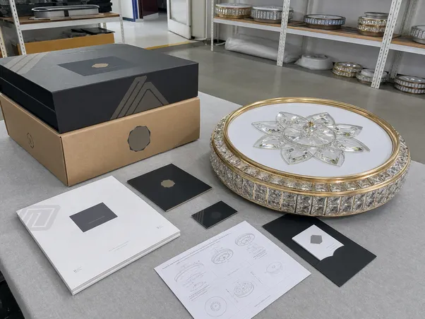 Custom branded luxury ceiling fixture with OEM packaging and documentation
