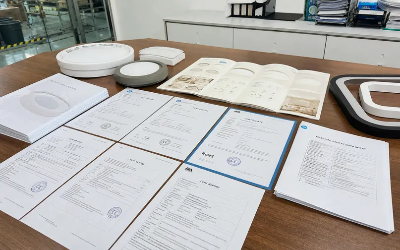 Certification documentation and compliance test reports for modern ceiling lighting exports