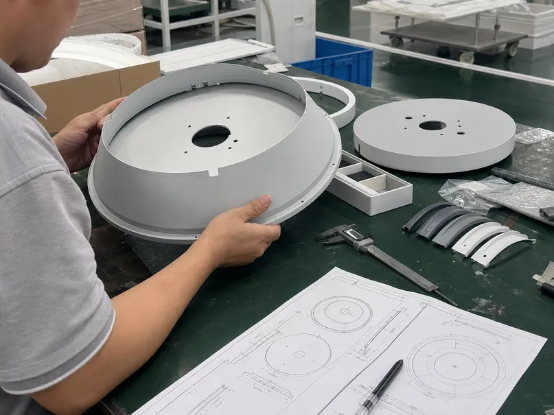 OEM customization process for modern ceiling lighting — CNC-machined sample with provisional surface finishing