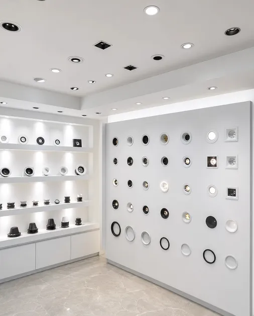 Recessed ceiling lighting product display in lighting showroom
