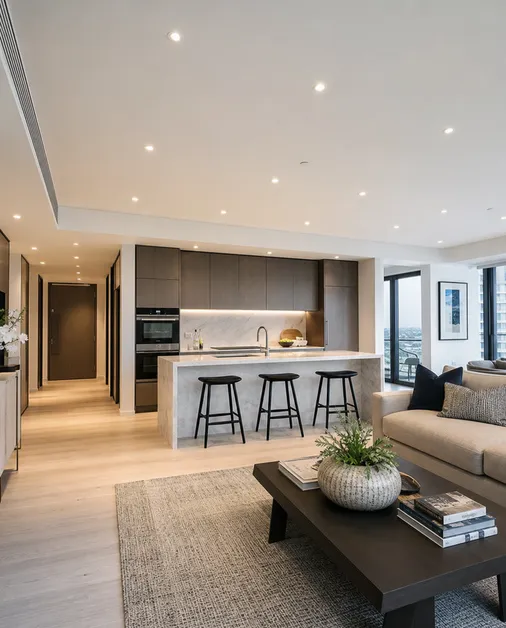 Recessed ceiling lighting in luxury residential kitchen and living space