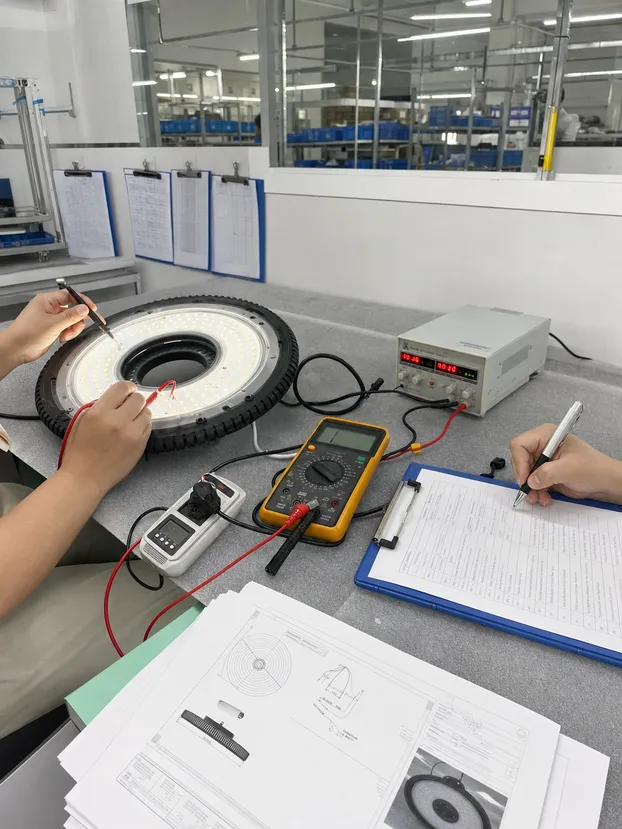 Custom OEM lighting fixture undergoing certification testing and documentation