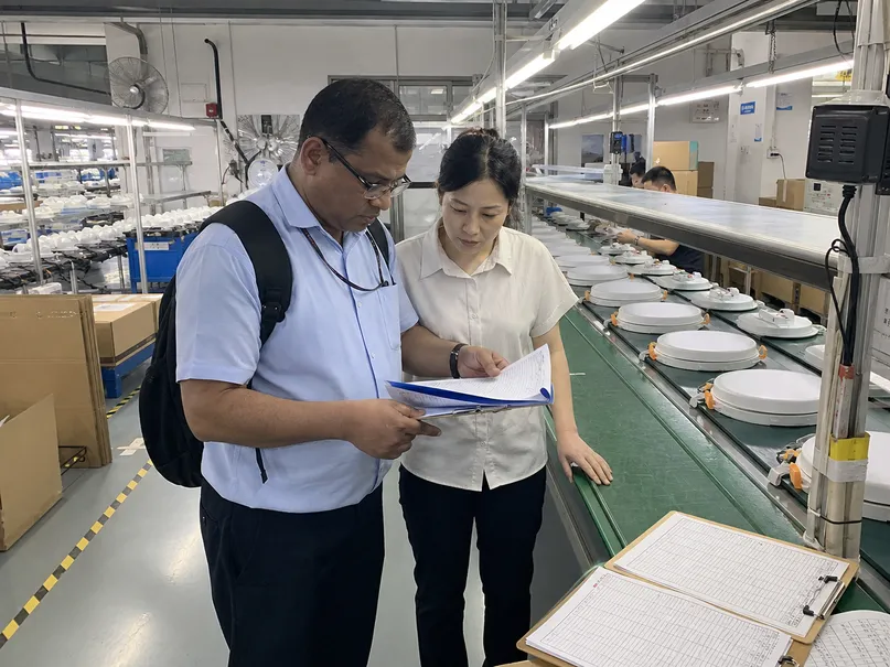 Third-party auditor conducting factory inspection at ASCLighting manufacturing facility