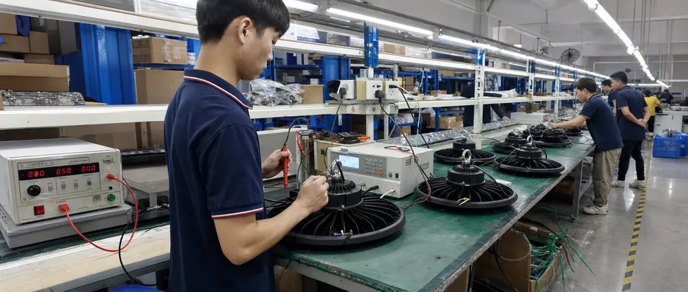 Hi-pot and ground continuity testing on ASCLighting production line — 100% testing of every fixture