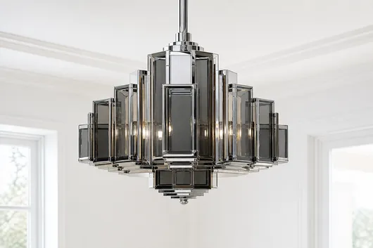 Art deco chandelier pendant with geometric glass panels and polished chrome frame