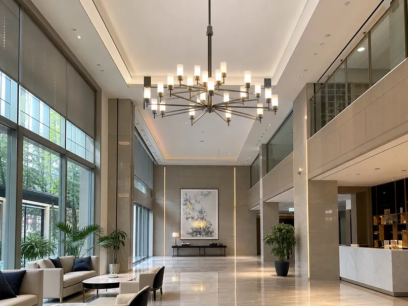 Chandelier pendant lighting installed in hotel lobby with 3-5 meter ceiling height