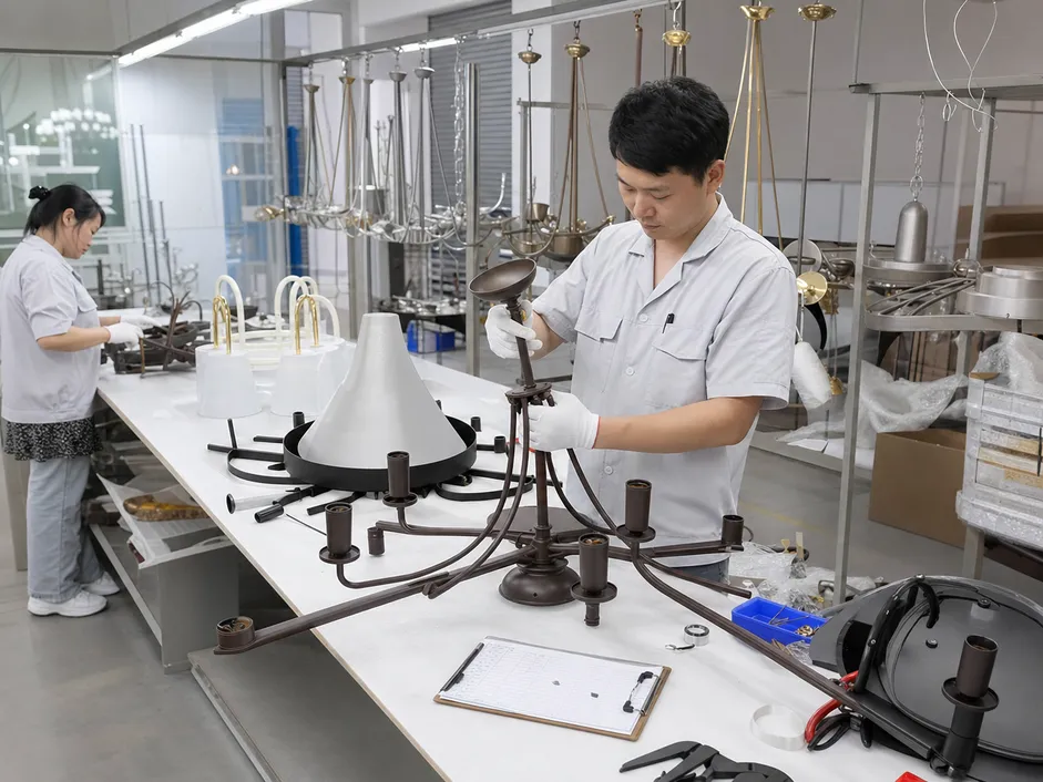 Quality control inspection of chandelier pendant lighting during finishing checkpoint