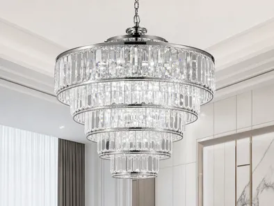Crystal chandelier with multiple tiers of cut glass prisms
