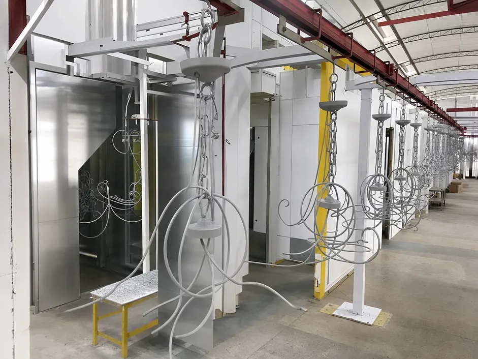 Automated powder coat finishing line applying consistent 60-80μm thickness across chandelier batch production