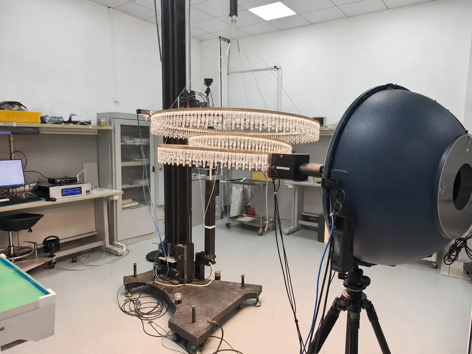 Chandelier prototype undergoing photometric verification in ASCLighting optical lab