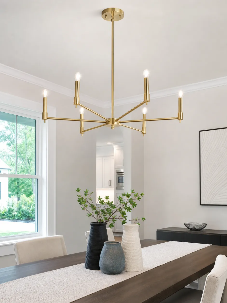 Dining room chandelier lighting manufactured by ASCLighting — multi-arm gold finish chandelier over dining table