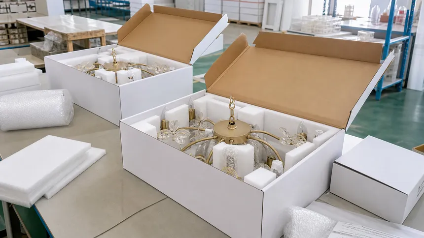 Foam-lined export packaging for dining room chandeliers engineered for ocean freight and last-mile delivery