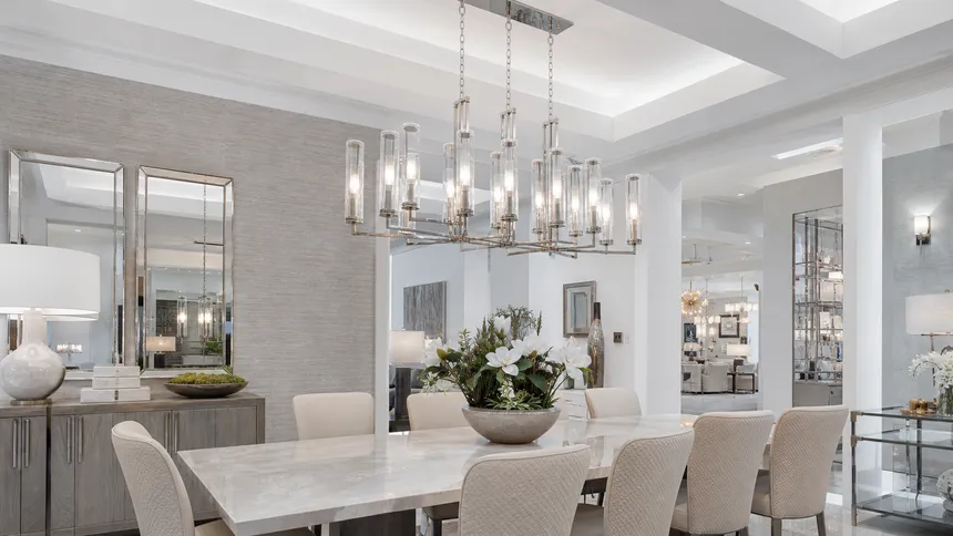 High-end dining chandelier displayed in a luxury residential showroom environment