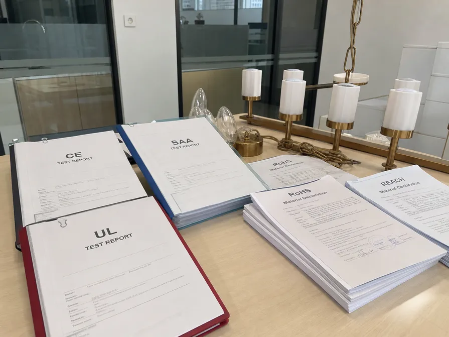 Kitchen chandelier certification documentation including CE, UL, and SAA test reports