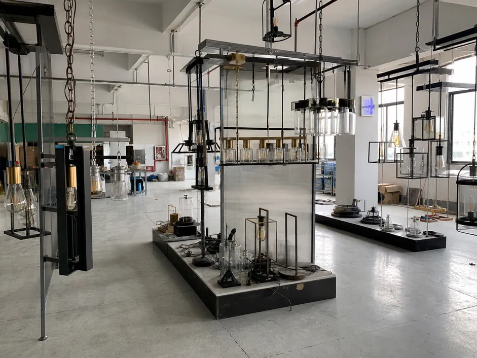ASCLighting factory showroom displaying kitchen chandelier lighting samples for B2B buyers