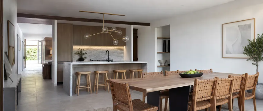 Kitchen chandelier in boutique hotel open-plan kitchen-dining concept