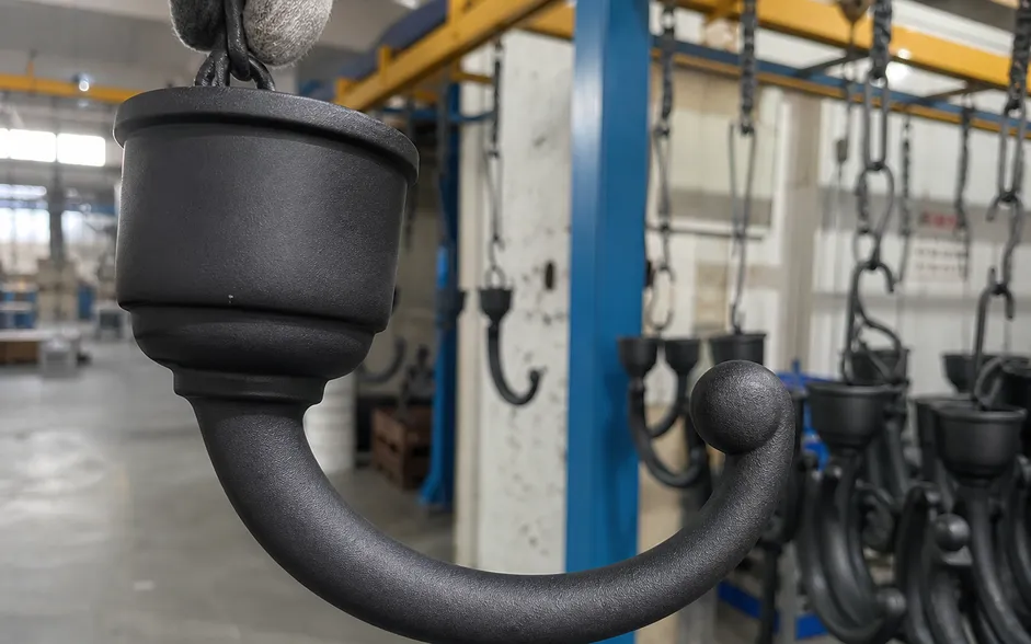 Close-up of phosphate pre-treated powder coat finish on kitchen chandelier arm showing consistent 60-80μm application
