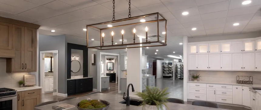 Kitchen chandelier on display in a kitchen and bath showroom environment