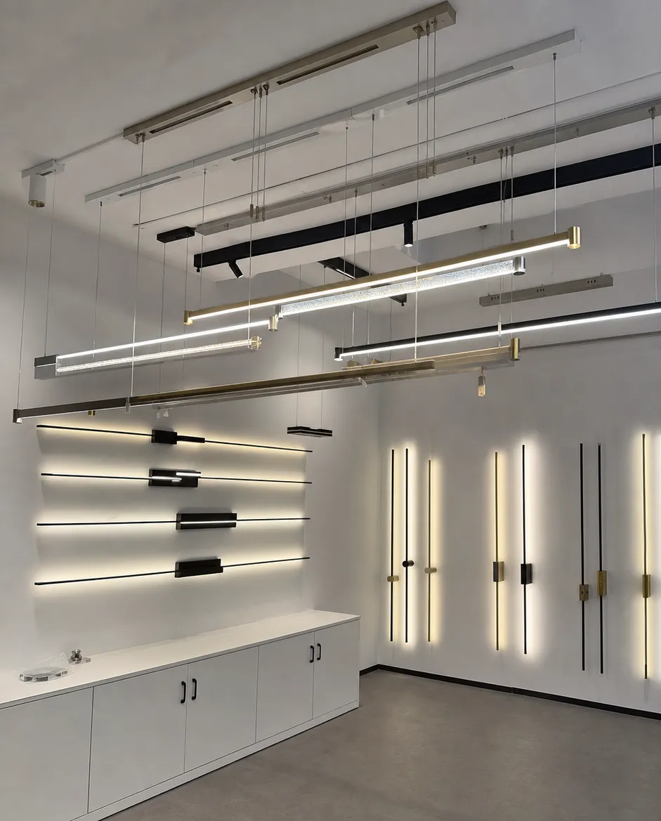 ASCLighting linear chandelier lighting showroom display with multiple configurations