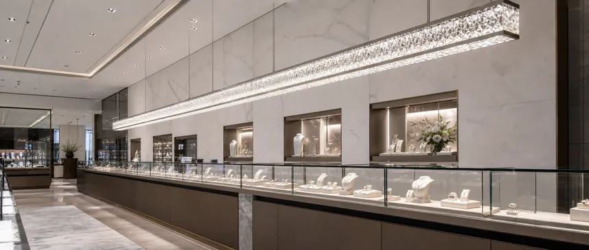 Linear chandelier lighting over jewelry display counter in high-end retail environment