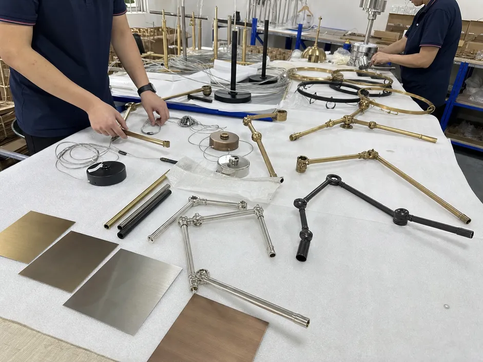 Luxury chandelier customization process showing adjustable arm configurations and finish samples