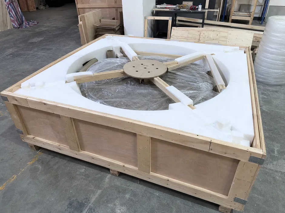 Custom wooden crating with foam-lined interior for large-format lobby chandeliers over 1200mm diameter