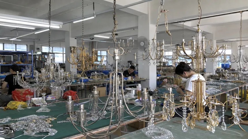 OEM private-label chandelier production with custom finish combinations and arm configurations on the assembly line
