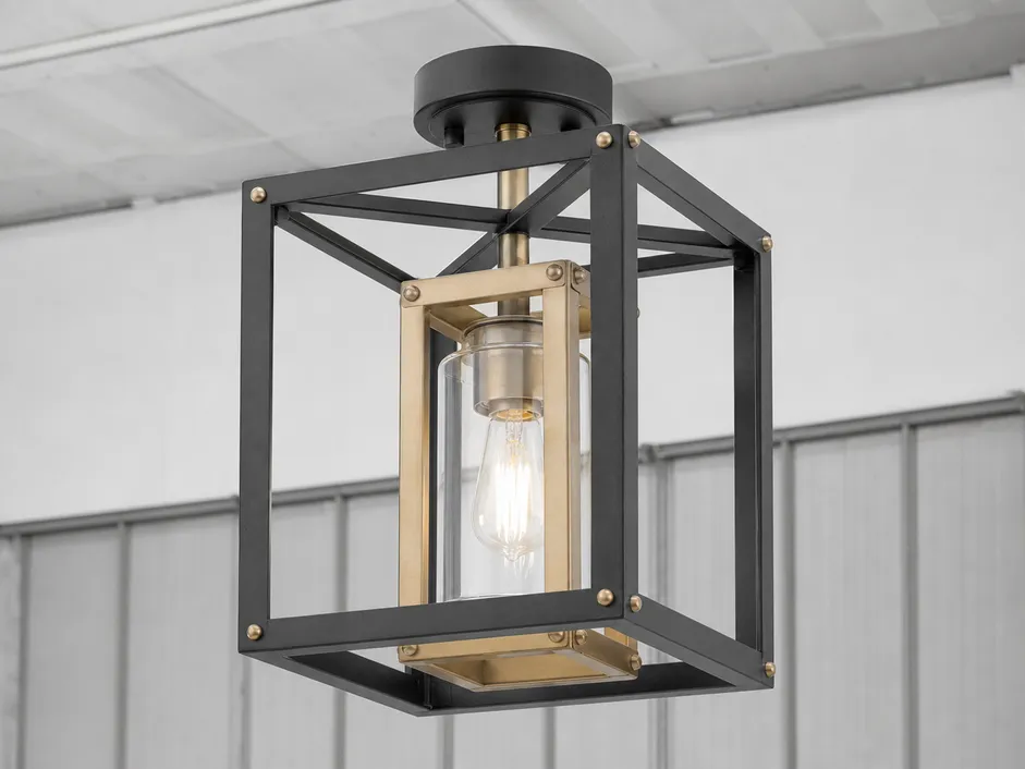 Decorative-architectural hybrid fixture with geometric metalwork and exposed hardware