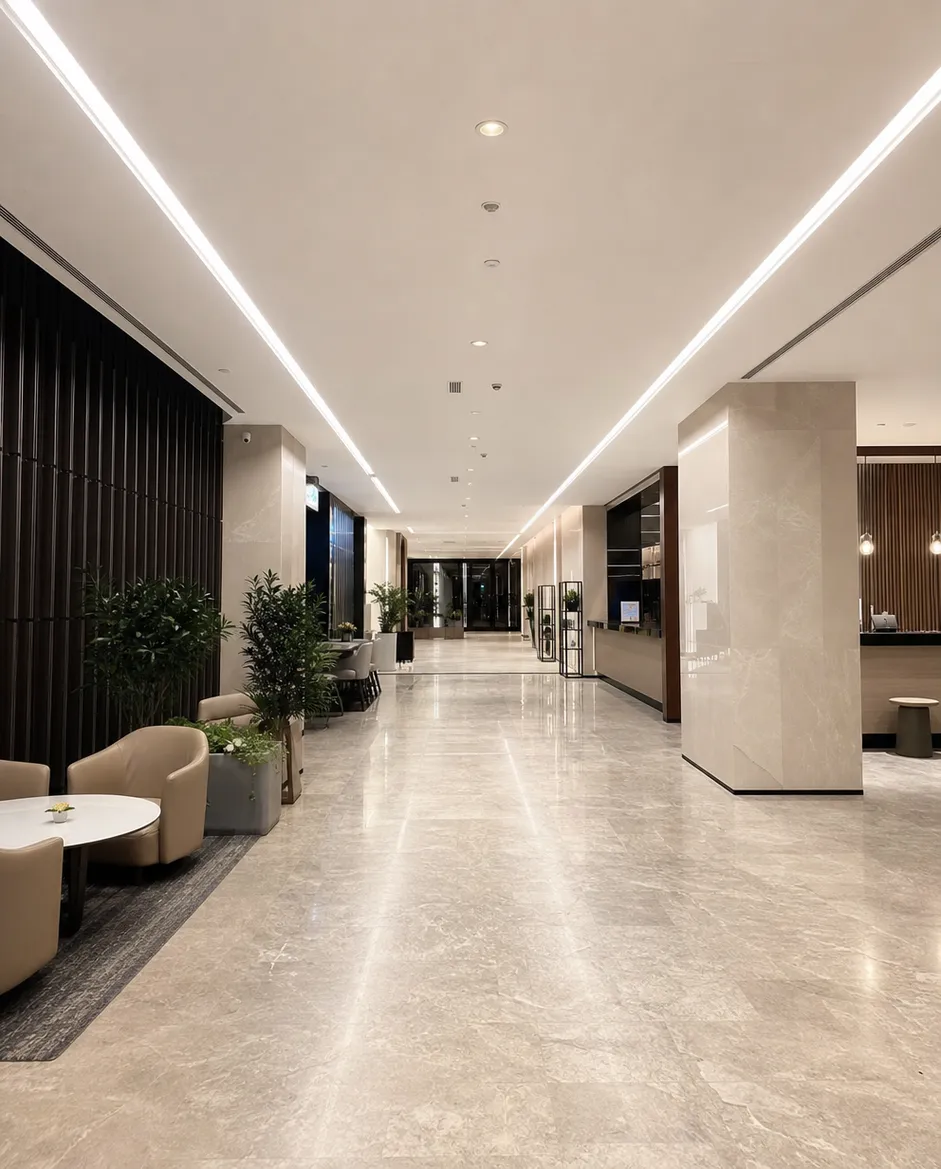 Architectural lighting installation in a hotel lobby featuring recessed downlights and linear profiles across public areas